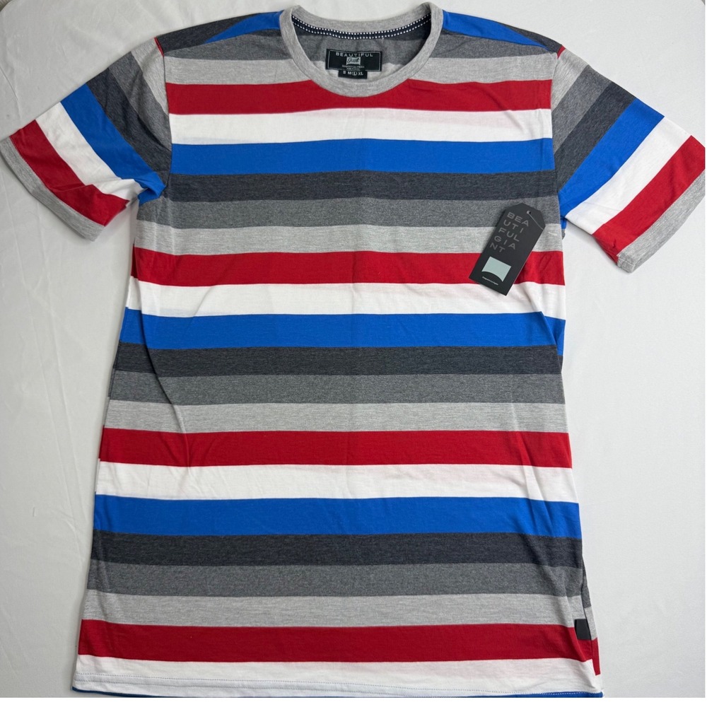 Beautiful Giant Mens Striped T-Shirt Red Blue Gray White Crewneck Large NWT